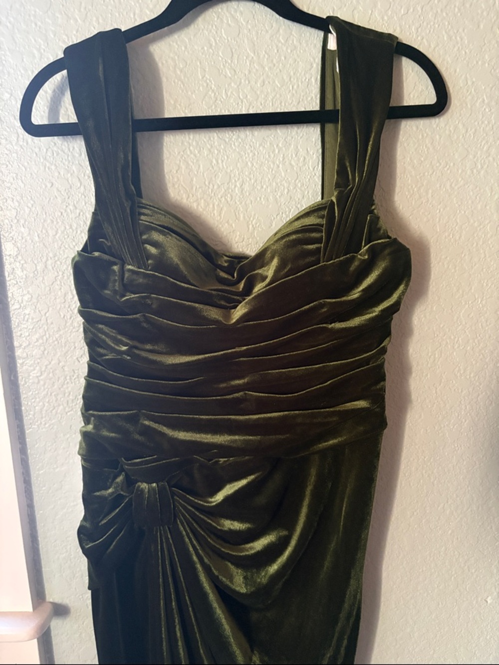 Azazie Genesis Olive Sheath Pleated Velvet Dress, - Picture 9 of 9